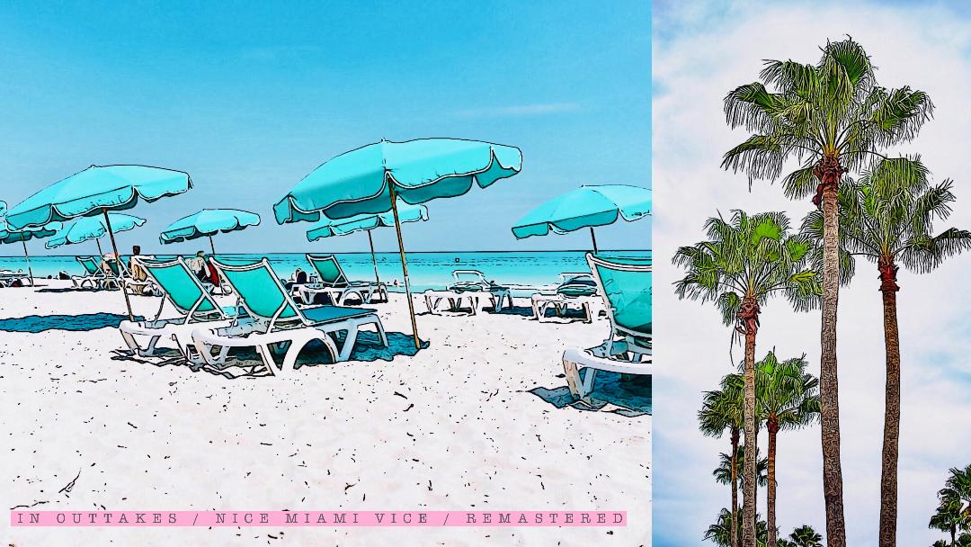 Nice Miami Beach turquoise umbrellas and sea palm trees
