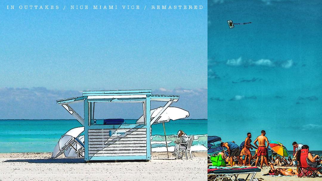 Nice Miami Vice white and blue shack and umbrellas on beach, people on beach with colourful umbrellas